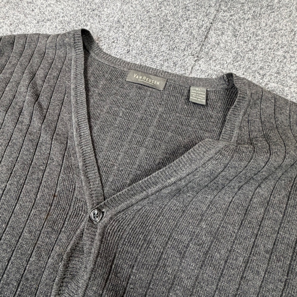 Van Heusen Mens Size XL Charcoal Gray Ribbed Cotton Button Front Cardigan Vest